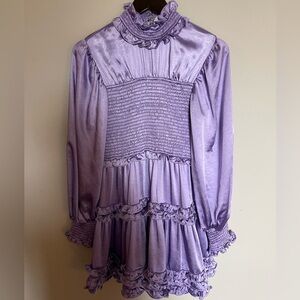 Elliatt Lavender Purple Satin Smocked Ruffle High Neck Long Sleeve Mini Dress